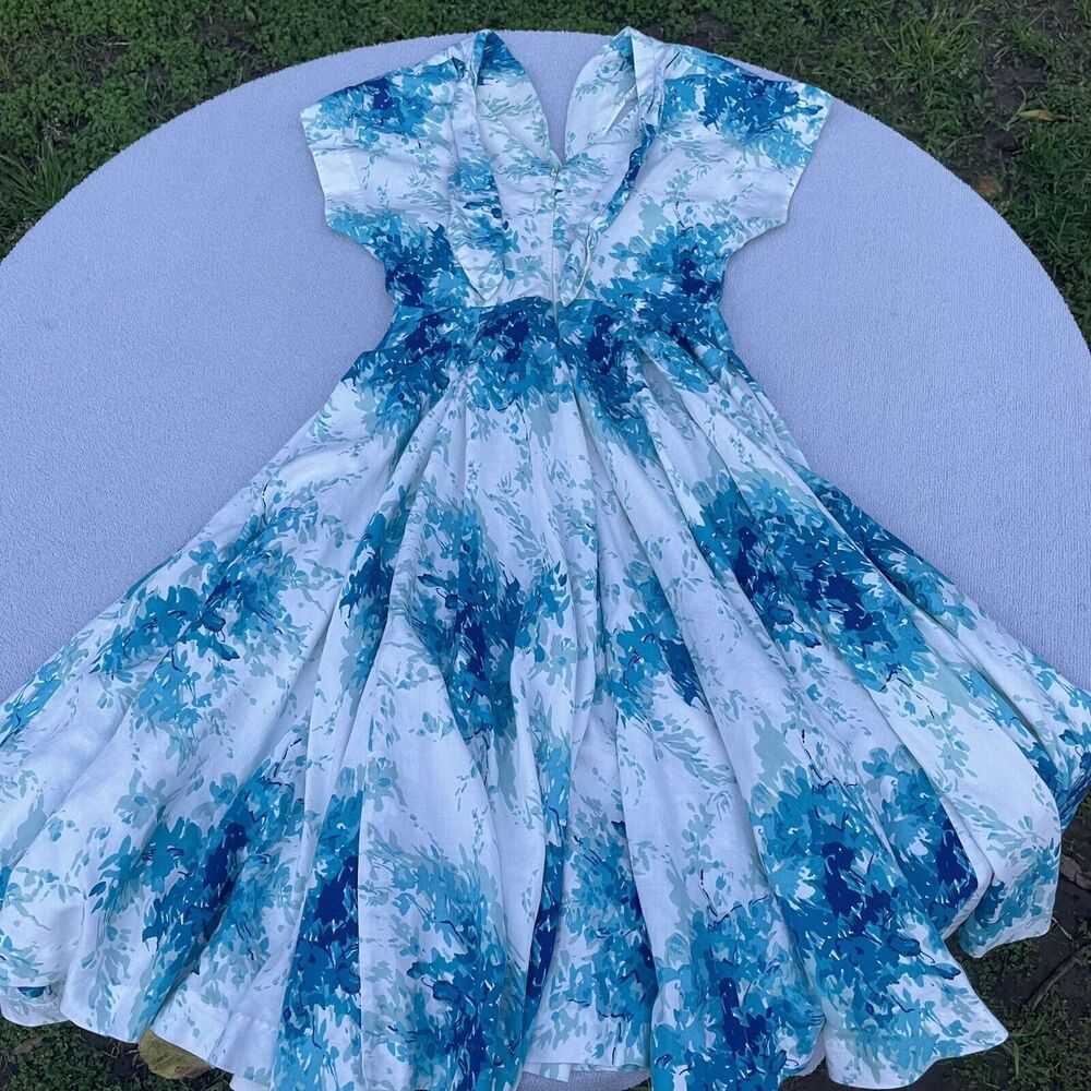 Flared Anabelle Dress Women's 2 Maple White Blue Cotton Vintage Anthropologie - Picture 13 of 16